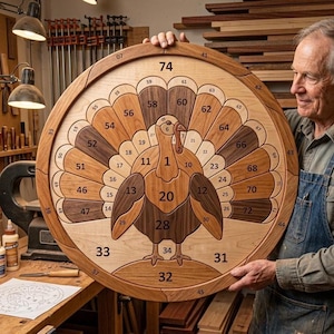 May include: A large circular wooden turkey puzzle featuring interlocking pieces in varying shades of light and dark wood. Each piece is numbered, forming a complete turkey design within a round frame. The puzzle displays numbers from 1 to 74.