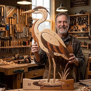 May include: A large wooden intarsia puzzle shaped like a heron, featuring various wood tones and grain patterns. The puzzle pieces are numbered, depicting the bird standing on a base with cattails. The design includes light, medium, and dark wood segments.
