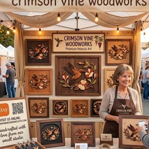 May include: A market stall display featuring Crimson Vine Woodworks intarsia art. The booth showcases multiple framed wooden wall art pieces depicting hummingbirds and flowers, with a sign displaying the brand name and a QR code for Etsy.