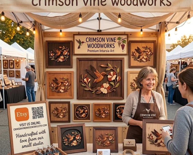 May include: A market stall display featuring Crimson Vine Woodworks intarsia art. The booth showcases multiple framed wooden wall art pieces depicting hummingbirds and flowers, with a sign displaying the brand name and a QR code for Etsy.