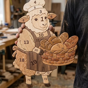 May include: A wooden puzzle shaped like a sheep wearing a chef hat and apron, holding a basket of bread. The puzzle consists of numerous interlocking pieces, each marked with a unique number, featuring light and dark wood grain textures.
