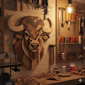 May include: A wooden bull head sculpture with various shades of brown. The bull head is mounted on a light-colored wooden wall, with woodworking tools and a pegboard in the background. The sculpture is made of layered wood pieces.
