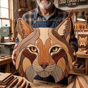 Op de afbeelding: Een handgemaakt houten wandkunstwerk dat een lynx-kop voorstelt, opgebouwd uit verschillende tinten natuurlijk hout, waaronder lichtbruine, middenbruine en donkere espressotinten, met puntige oren en gedetailleerde gelaatstrekken.