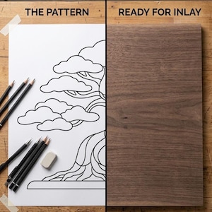 May include: A split-view image showing a white sheet of paper with a black line drawing of a bonsai tree labeled THE PATTERN, alongside several pencils and an eraser, next to a rectangular piece of dark brown wood labeled READY FOR INLAY.