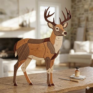 May include: A wooden deer sculpture with numbered sections in various shades of brown. The deer has large antlers and is standing on a wooden table. A small bottle and a tool are next to the deer.