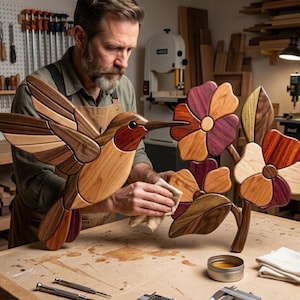 Beginner Hummingbird Intarsia Pattern PDF | Easy Scroll Saw Woodworking Plan | Bird & Flower Wood Art Digital Download