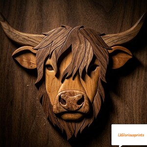 May include: A wall-mounted wooden sculpture of a Highland cow head featuring layered dark and light wood grain textures, long curved horns, and shaggy hair details. The text LkGloriousprints is visible in the bottom right corner of the image.