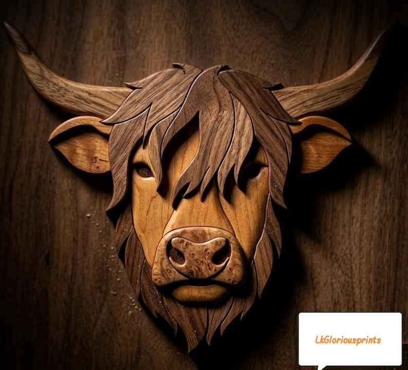 May include: A wall-mounted wooden sculpture of a Highland cow head featuring layered dark and light wood grain textures, long curved horns, and shaggy hair details. The text LkGloriousprints is visible in the bottom right corner of the image.