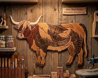 Highland Cow Intarsia Pattern PDF | Standing Cow Scroll Saw Template | Rustic Farmhouse Woodworking Wall Art Plan
