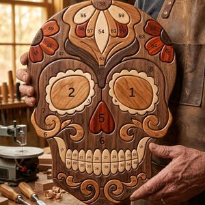 May include: A wooden skull-shaped puzzle made of various light and dark wood tones. The puzzle consists of numerous interlocking pieces, each marked with a unique number from 1 to 66, forming a decorative pattern across the entire surface.