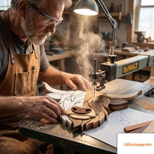 May include: A wooden wall art piece shaped like a Highland cow head, featuring layered light and dark wood tones. The item is being cut on a DeWalt scroll saw, with a grid-patterned template visible underneath the partially assembled wood segments.