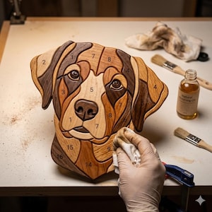 Puede incluir: Mosaico de cabeza de perro de madera con secciones numeradas en varios tonos de marrón. El mosaico se está terminando con aceite, y la imagen incluye una botella de "Natural Finishing Oil" y pinceles. La cara del perro está detallada.