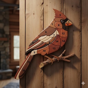 Puede incluir: Una pieza de arte mural de madera de un cardenal. El pájaro está hecho de varios tonos de madera, incluyendo marrones claros y oscuros y beige. Está posado en una rama de madera, y la pieza está montada en una pared de madera.