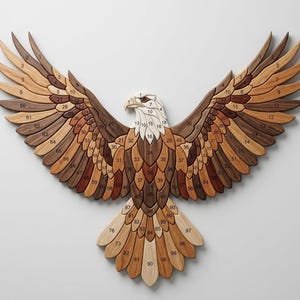 以下が含まれることがあります： 木製のワシの壁掛けアート。翼を広げた姿で、明るい茶色や濃い茶色など、さまざまな木の色合いで作られています。翼は大きく広げられ、作品全体に番号が振られています。