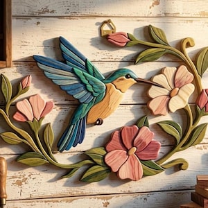 May include: A wall-mounted wooden relief carving featuring a hummingbird with blue and tan feathers hovering near pink flowers and green leaves. The artwork is crafted from layered wood pieces with visible grain, showcasing a natural color palette.