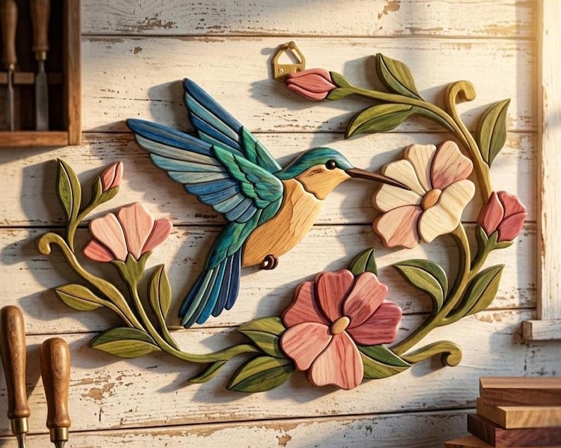 May include: A wall-mounted wooden relief carving featuring a hummingbird with blue and tan feathers hovering near pink flowers and green leaves. The artwork is crafted from layered wood pieces with visible grain, showcasing a natural color palette.