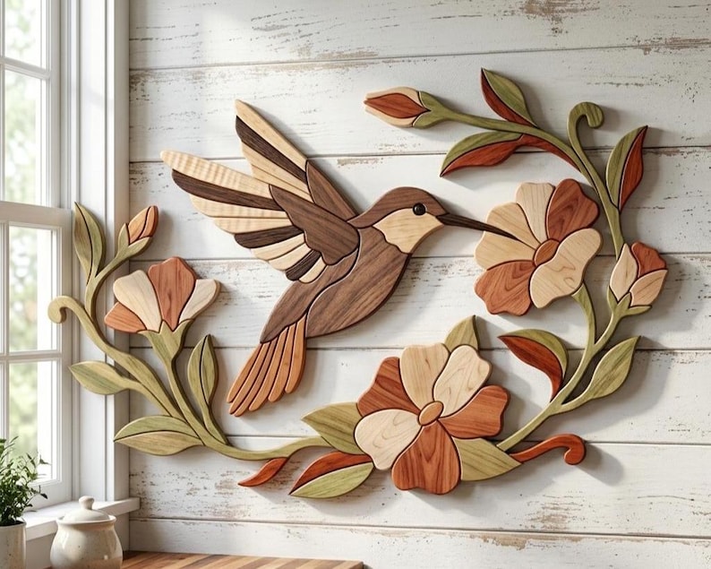 May include: A wall-mounted wooden art piece featuring a hummingbird in flight surrounded by floral vines. The design uses various wood tones including light, medium, and dark brown, along with muted green accents for the leaves and petals.