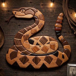 May include: A wooden snake sculpture with a detailed mosaic pattern. The snake is crafted from various wood tones, including light and dark browns, and black accents. The snake's tongue is extended, and the eyes are visible.