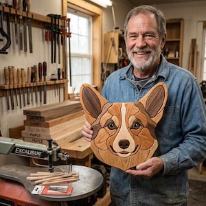 Könnte beinhalten: Ein handgefertigtes Wandkunstobjekt aus Holz in Form eines Corgi-Hundekopfes, das durch aufwendige Intarsienarbeit mit verschiedenen natürlichen Holztönen wie hellem Ahorn, mittlerem Kirschbaum und dunklem Walnuss besticht.