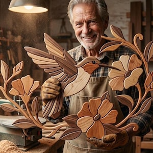 May include: A decorative wooden wall art piece featuring a hummingbird in flight surrounded by floral vines and blossoms. The artwork is crafted from various shades of natural wood, showcasing light and dark grain patterns in a layered design.