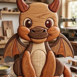 May include: A handcrafted wooden dragon figurine composed of various wood tones including light oak, dark walnut, and reddish cherry. The creature features two horns, large round eyes, small wings, and a long curved tail, all assembled from smooth pieces.