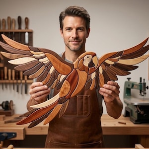 May include: A handcrafted wooden wall art piece shaped like a flying macaw parrot, featuring intricate layers of light, medium, and dark wood tones. The bird is depicted with wings fully extended, showcasing detailed feather segments and a curved beak.