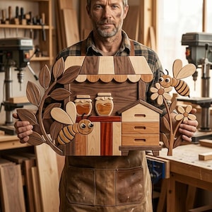 May include: A decorative wooden wall art piece featuring a multi-toned wood inlay design of a honey shop. The scene includes two honey jars, a beehive, two bees, and floral elements. The artwork is crafted from various wood grains and colors.