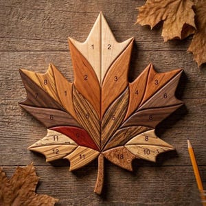 May include: A wooden maple leaf puzzle with various wood tones, including light beige, medium brown, and dark brown. The leaf is segmented into numbered pieces, with a pencil resting nearby. The puzzle is displayed on a wooden surface.