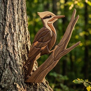 Pode incluir: Uma peça de arte de parede em marchetaria de madeira representando um pica-pau pousado num galho. O pássaro é feito de vários tons de madeira natural, apresentando uma crista clara, um corpo castanho escuro e um bico longo e pontiagudo, montado numa árvore.