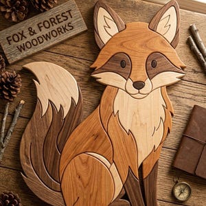May include: A decorative wooden fox wall art piece crafted from various shades of light, medium, and dark wood. The fox is depicted in a seated position with a large, bushy tail. A wooden sign nearby features the text FOX & FOREST WOODWORKS.