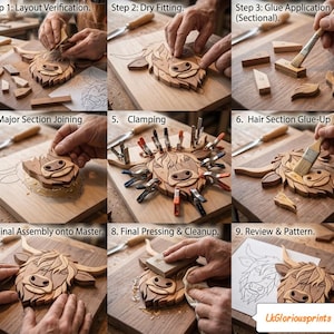 May include: A nine-step instructional collage showing the assembly of a wooden Highland cow wall art piece. The process includes layout verification, dry fitting, glue application, section joining, clamping, hair detailing, and final cleanup.