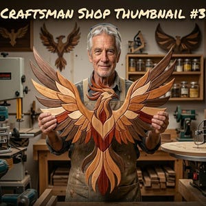 May include: A wooden wall art piece shaped like a phoenix with outstretched wings, crafted from various shades of natural wood including light, medium, and dark brown tones. The phoenix features layered feather details and a sharp beak.
