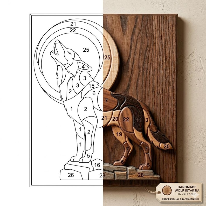Wolf Inlay Patterns Howling Wolf With Moon Intarsia Pattern PDF | Scroll Saw Wolf Wall Art ...