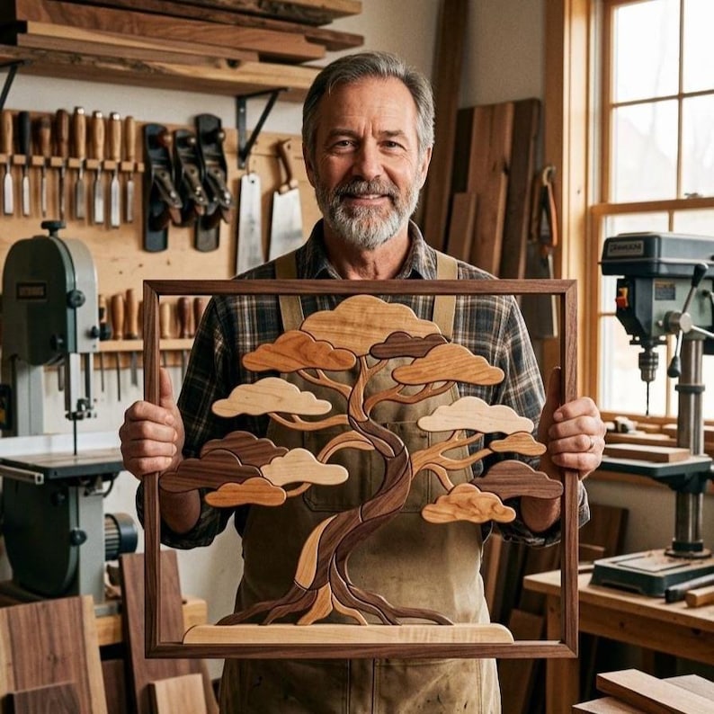 May include: A square wooden frame containing a multi-toned wood inlay art piece depicting a stylized bonsai tree. The tree features layered, curved branches and foliage segments crafted from various shades of light, medium, and dark natural wood.