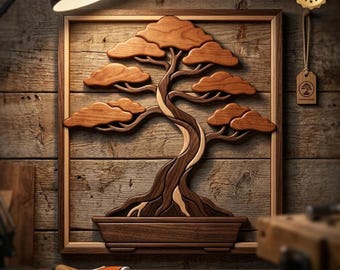 Japanese Bonsai Tree Intarsia Pattern PDF | Scroll Saw Woodworking Plan | DIY Wooden Wall Art Template | Digital Download