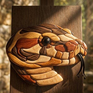 Puede incluir: Escultura de madera de una cabeza de serpiente, elaborada con diferentes tonos de madera, incluyendo beige claro, marrón oscuro y marrón rojizo. La serpiente tiene un ojo oscuro y redondo y una lengua bífida. La escultura está montada sobre una tabla de madera.