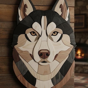 Modèle d'intarsia tête de husky sibérien | Plan de menuiserie husky à la scie à chantourner | Modèle de décoration murale chien en bois | Portrait de husky à faire soi-même (PDF)