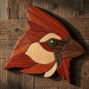 May include: A wooden bird sculpture with a detailed mosaic design. The sculpture features various wood tones, including reddish-brown, light beige, and dark brown. The bird has a green eye and is mounted on a wooden background.