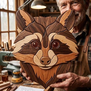 May include: A handcrafted wooden wall art piece shaped like a raccoon head, constructed from multiple interlocking pieces of light, medium, and dark-toned wood. The design features detailed facial markings, pointed ears, and circular eyes.