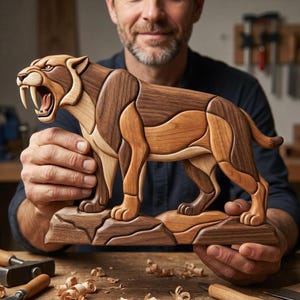 May include: A handcrafted wooden sculpture of a saber-toothed tiger standing on a rocky base. The figure is constructed from multiple pieces of wood in varying shades of light and dark brown, showcasing the natural grain and smooth, polished finish.