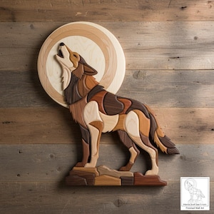May include: Wooden wall art depicting a howling wolf against a full moon. The artwork is crafted from various wood tones, including light and dark browns, and beige. The wolf is positioned on a small wooden base, and the moon is a layered circular design.