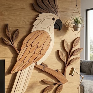 Puede incluir: Una obra de arte mural de madera que representa una cacatúa posada en una rama. El ave presenta tonos de madera marrón claro y oscuro, con una cresta y un pico detallados. La obra de arte está montada en una pared de madera, creando una estética natural.