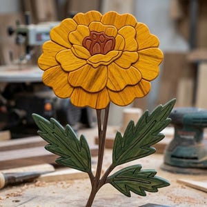 May include: A handcrafted wooden flower sculpture with a large, layered yellow bloom and a dark brown center. The stem and leaves are painted green, creating a naturalistic floral design. The flower is a decorative item.