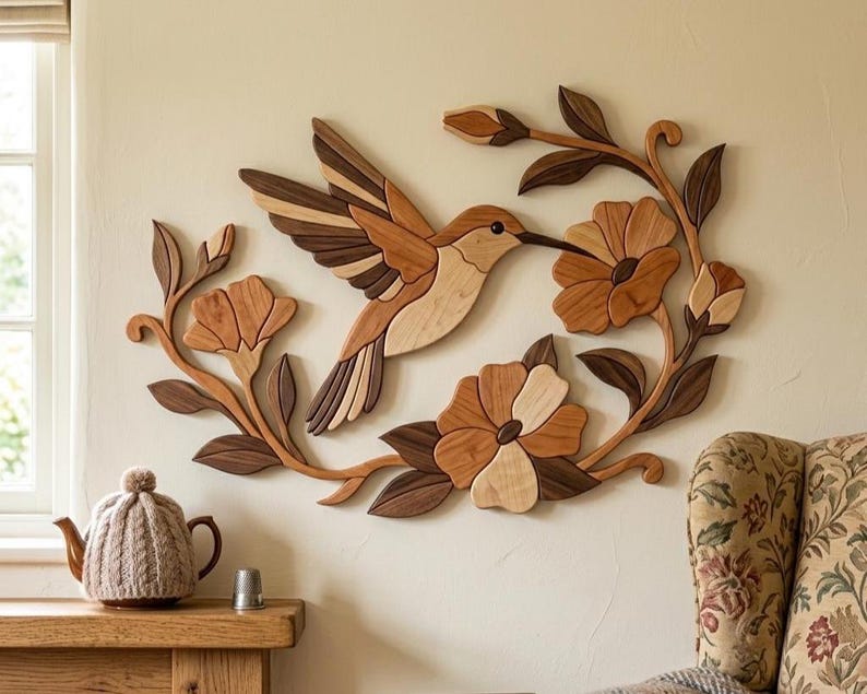 May include: A wall-mounted wooden art piece featuring a hummingbird in flight surrounded by floral branches. The design is crafted from various shades of natural wood, showcasing light, medium, and dark brown tones in a layered, mosaic-like composition.