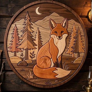 May include: A circular wooden wall art piece featuring an intricate marquetry design of a fox sitting in a forest landscape. The scene includes layered wood tones depicting pine trees, rolling mountains, and a crescent moon in the night sky.