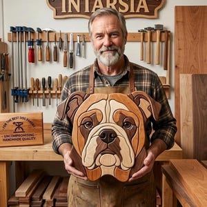 Könnte beinhalten: Ein hölzernes Intarsien-Wandkunstwerk in Form eines Bulldoggenkopfes, gefertigt aus verschiedenen Naturholztönen. Das Design besteht aus geschichteten, ineinandergreifenden Holzsegmenten in hellen, mittleren und dunklen Brauntönen.