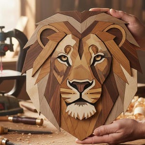 May include: A multi-layered wooden wall art piece shaped like a lion head, constructed from various shades of natural wood including light tan, medium brown, and dark espresso, featuring geometric cutouts and intricate grain patterns throughout.