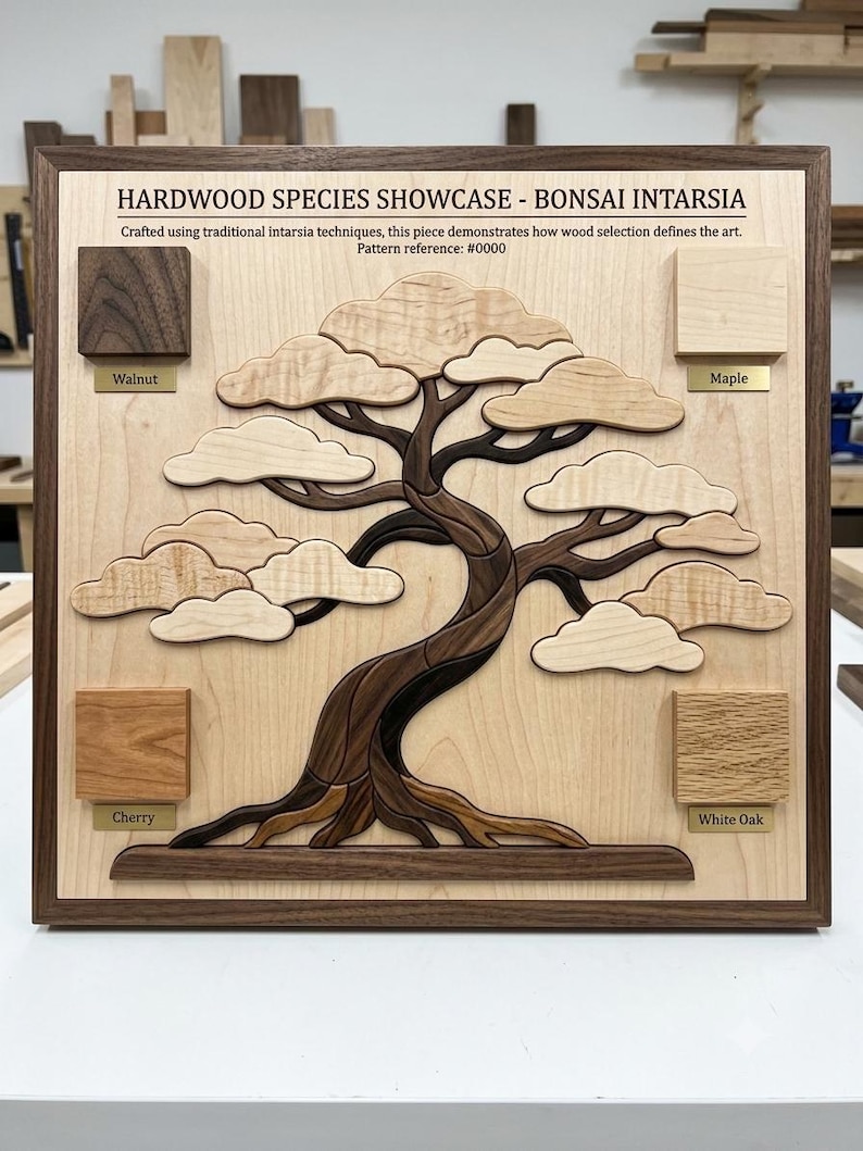 May include: A wooden intarsia wall art piece titled HARDWOOD SPECIES SHOWCASE - BONSAI INTARSIA. It features a central bonsai tree design made of light and dark wood segments, flanked by four labeled square wood samples: Walnut, Maple, Cherry, and White Oak.