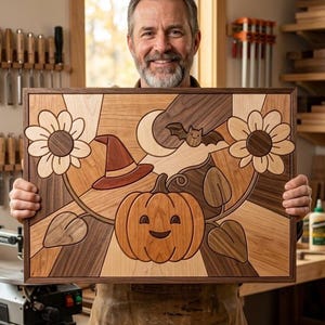 Halloween Floral Intarsia Pattern PDF | Beginner Scroll Saw Woodworking Plan | Pumpkin Witch Hat Bat Moon DIY Wood Craft Template