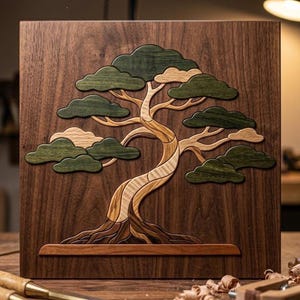 May include: A square wooden wall art piece featuring an intricate marquetry design of a bonsai tree. The tree is crafted from various wood tones, including dark green foliage, light tan branches, and a dark brown trunk set against a walnut background.